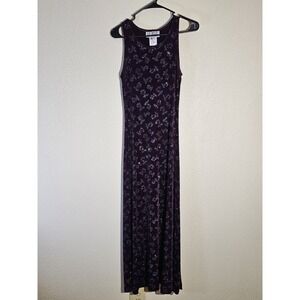 Vtg Y2k La Belle Plum Maxi Dress Floral Vampy‎ Slinky Stretch Glam Goth Sparkly